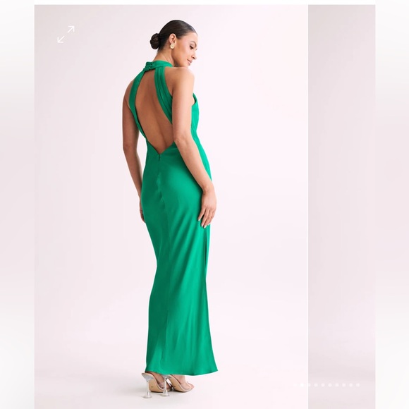 Meshki Claire Satin Drape Back Maxi Dress with Slit - Green - Picture 4 of 4